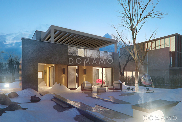 Проект современного двухэтажного дома из газобетона в стиле модерн, с террасой на втором уровне и встроенным гаражом 