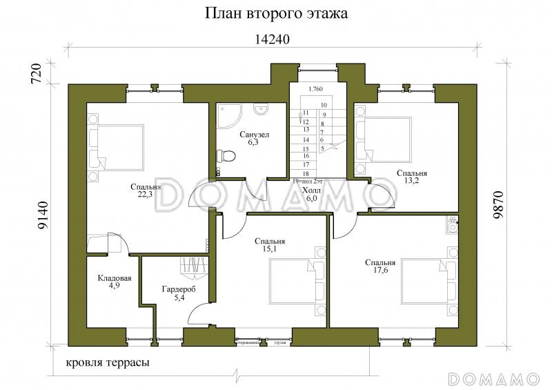 Проект двухэтажного дома с просторной гостиной, террасой и комнатой для отдыха / План 2 этажа