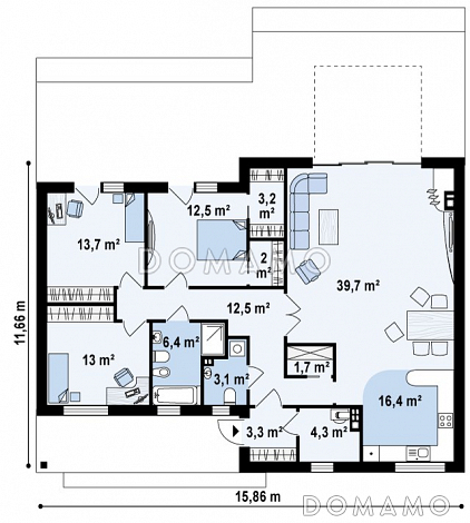 Проект современного одноэтажного дома из газобетона со светлой просторной гостиной и тремя спальнями / План 1 этажа
