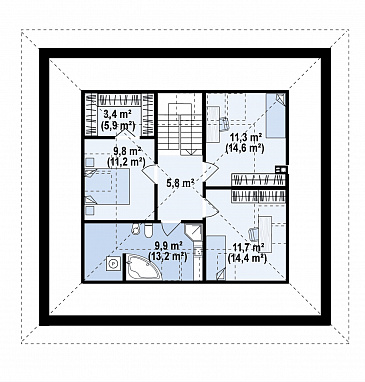 Проект загородного дома с мансардой, гаражом на одну машину, кладовой под лестницей и в кухне / План мансардного этажа