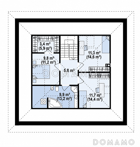 Проект загородного дома с мансардой, гаражом на одну машину, кладовой под лестницей и в кухне / План мансардного этажа