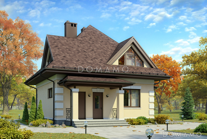 Проект дома из газобетона с тремя небольшими спальнями на мансардном этаже