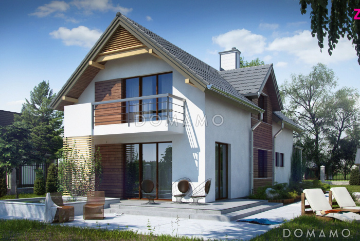 Проект одноэтажного мансардного дома из кирпича с гаражом для узкого участка