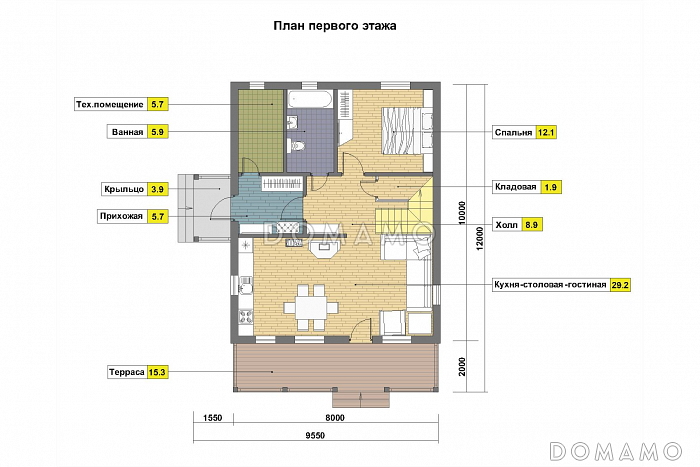 Проект каркасного дома с мансардными окнами / План 1 этажа