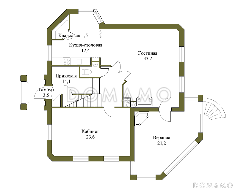 Проект трёхэтажного коттеджа с подвалом и зимним садом / План 1 этажа