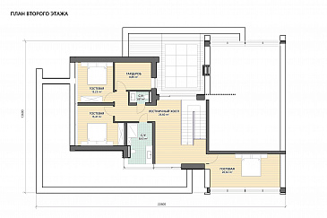 Проект сблокированного дома с спа-зоной, джакузи под открытым небом, просторной гостиной-столовой / План 2 этажа