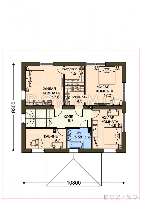 Проект двухцветного коттеджа из SIP с двумя гардеробными и большим крыльцом / План 2 этажа