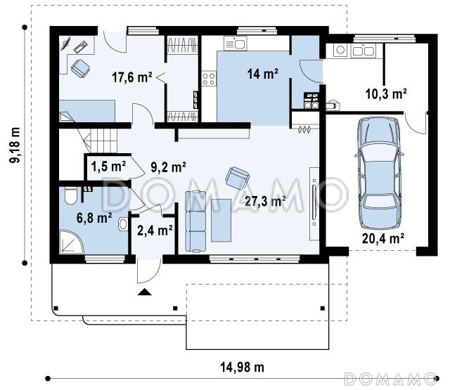 Проект одноэтажного мансардного дома из газобетона с террасой над гаражом  / План 1 этажа