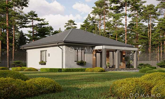 Проект компактного одноэтажного дома с вальмовой кровлей, крытой террасой, тремя спальнями и большой открытой зоной кухни-гостиной