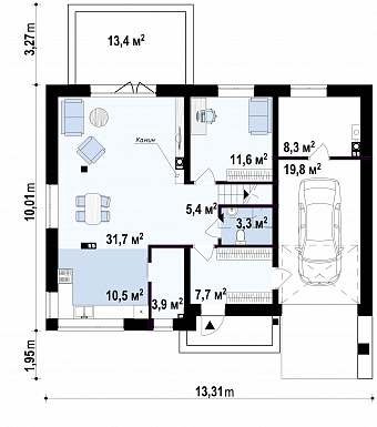 Проект современного двухэтажного дома из газобетона с четырьмя спальнями, балконом и встроенным гаражом  / План 1 этажа