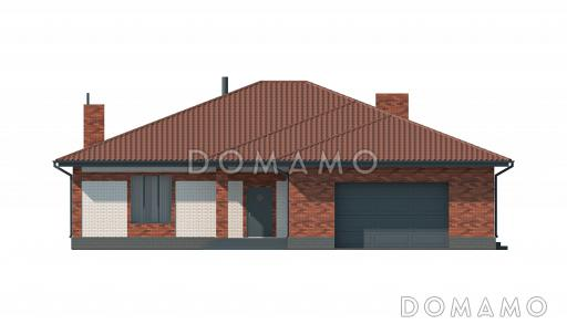 Проект одноэтажного дома с террасой и гаражом, просторной кухней-столовой, хозяйской спальней  / Фасад 2