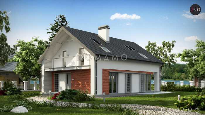 Проект одноэтажного мансардного дома из газобетона с балконом и современными элементами экстерьера 