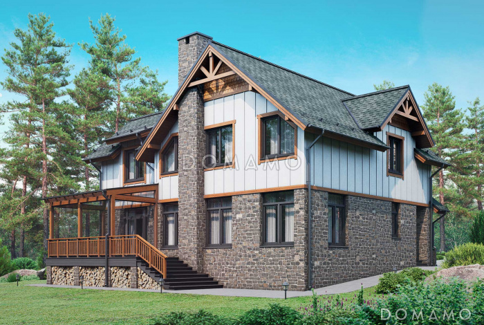 Проект дома в деревенском стиле с 5 спальнями, сауной и верандой с панорамными окнами