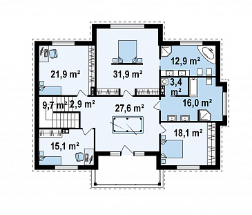 Проект большого двухэтажного дома из кирпича с четырьмя спальнями, сауной и просторной дневной зоной / План 2 этажа