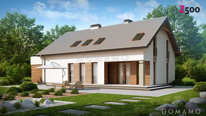 Проект одноэтажного мансардного дома из кирпича с крытой угловой террасой и большой открытой террасой над гаражом