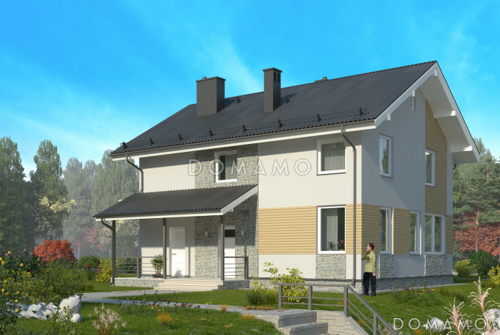 Проект лаконичного коттеджа с четырьмя спальнями, широкими окнами и большой гардеробной