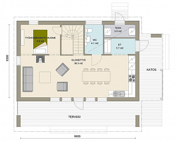 Проект современного двухэтажного каркасного дома с двускатной крышей / План 1 этажа