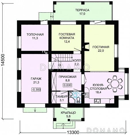 Проект дома из пеноблоков для постоянного проживания с гаражом для одной машины / План 1 этажа