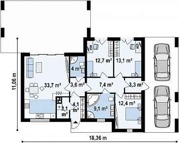 Проект современного одноэтажного дома из кирпича с плоской крышей, с тремя спальнями, террасой и навесом для двух автомобилей / План 1 этажа
