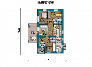Проект одноэтажного дома с просторной гостиной и террасой / План 1 этажа