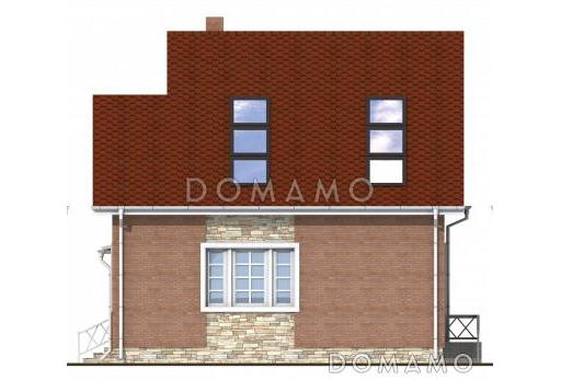 Проект одноэтажного дома с длинной крытой террасой, просторной гостиной и комнатой на первом этаже и тремя спальнями на мансардном этаже / Фасад 4