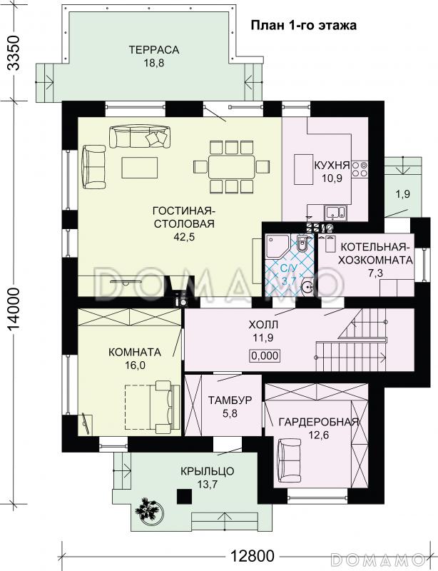 Проект двухэтажного дома из газобетона с просторной гардеробной / План 1 этажа