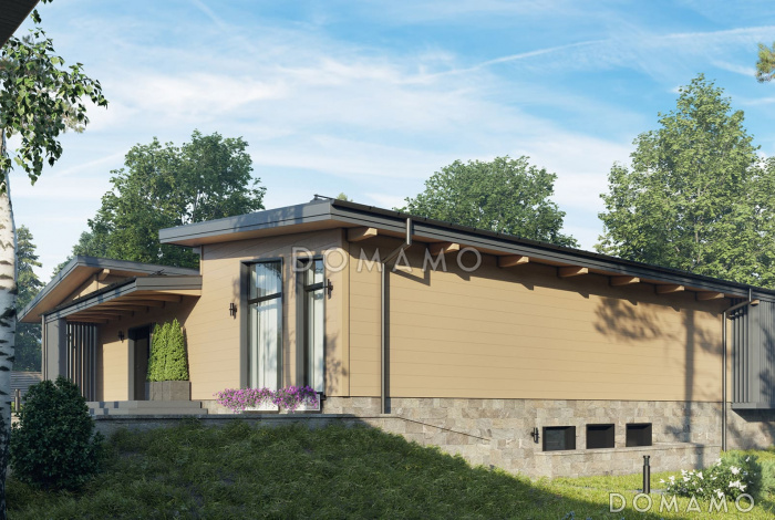 Проект П-образного дома с тремя спальнями, просторной кухней-гостиной, закрытой и открытой террасами