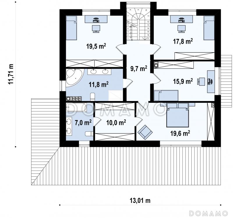 Проект современного двухэтажного дома из газобетона с четырьмя спальнями, кабинетом и большим гаражом / План 2 этажа