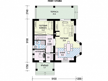 Проект дома с эркером в кухне, террасой, гостевой комнатой на первом этаже / План 1 этажа