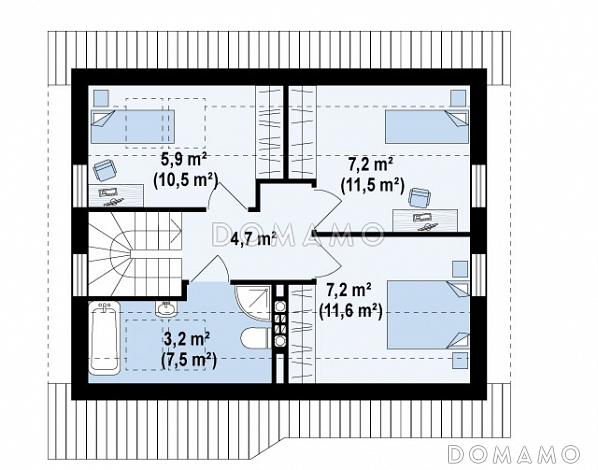 Проект небольшого мансардного дома из кирпича с четырьмя спальнями / План мансардного этажа