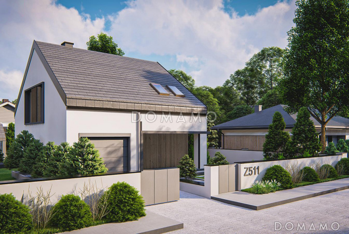 Проект загородного дома с панорамным остеклением гостиной, гаражом, кладовой и мастер-спальней на мансарде