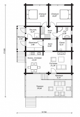 Проект дома из клееного бруса с большой открытой террасой / План 1 этажа