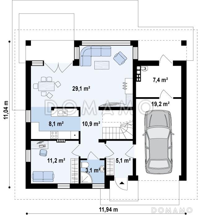 Проект одноэтажного мансардного коттеджа из газобетона с большой площадью остекления в гостиной, кабинетом и гаражом / План 1 этажа
