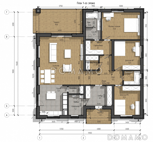 Проект дома с мастер-спальней, двумя детскими, кладовой на кухне / План 1 этажа