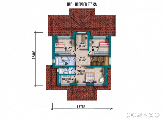 Проект двухэтажного дома с подвалом в стиле Райта / План 2 этажа