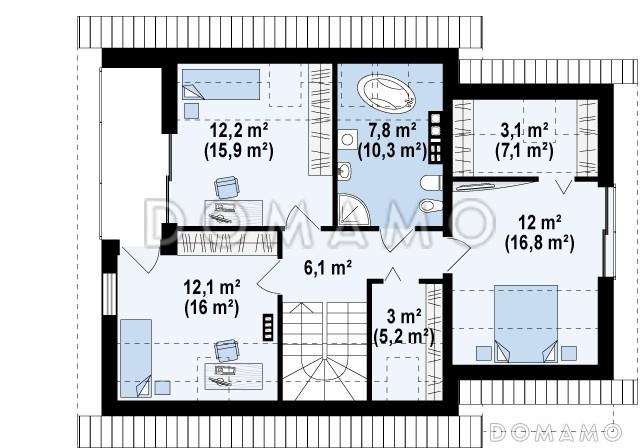 Проект одноэтажного мансардного дома из газобетона с большой гостиной, гаражом и частично крытой террасой / План мансардного этажа