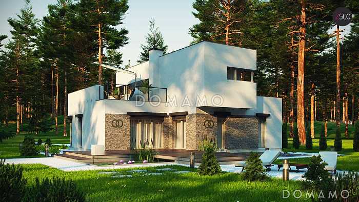 Проект компактного современного двухэтажного дома из кирпича в стиле модерн, с террасой на втором уровне и с гаражом