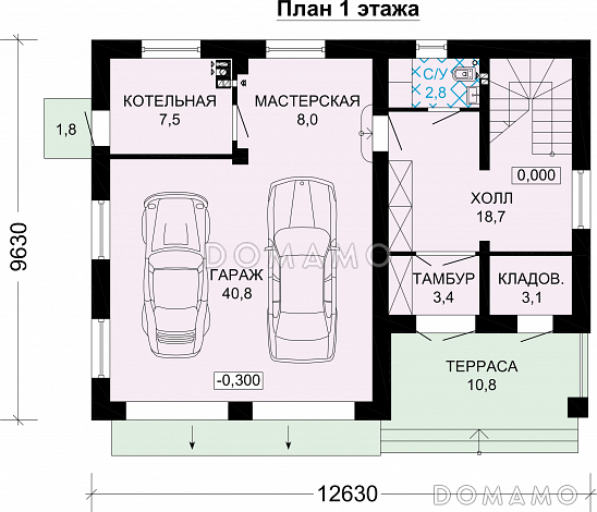 Проект гостевого дома с двойным гаражом / План 1 этажа