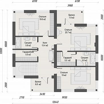 Проект двухэтажного кирпичного дома с двумя балконами на втором этаже / План 2 этажа