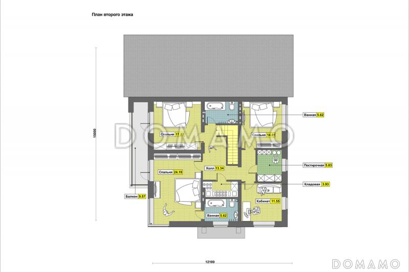 Проект дома с парной, террасой по длине дома, спальней на первом этаже, спортзалом / План мансардного этажа