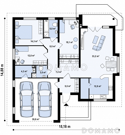 Проект одноэтажного дома с эркером и гаражом из кирпича со свободной планировкой мансардного этажа / План 1 этажа