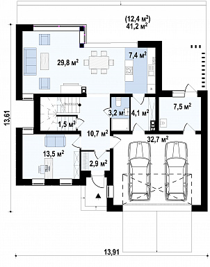 Проект современного двухэтажного дома из кирпича с плоской крышей,  с четырьмя спальнями, кабинетом и гаражом / План 1 этажа