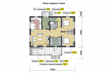 Проект дома с террасой, двумя спальнями на первом этаже, гостиной с кухней-столовой / План 1 этажа