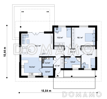 Проект практичного одноэтажного дома из газобетона с двумя частично крытыми террасами / План 1 этажа