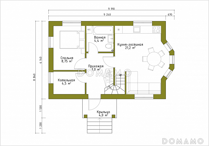 Проект небольшого дома из газобетона в русском стиле / План 1 этажа