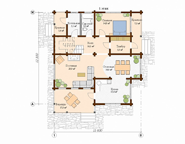 Проект деревянного дома с тремя спальнями на втором этаже и кабинетом с выходом на балкон / План 1 этажа