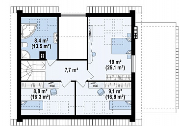 Проект одноэтажного коттеджа из кирпича с мансардным этажом со вторым светом, большим панорамным окном и гаражом / План мансардного этажа