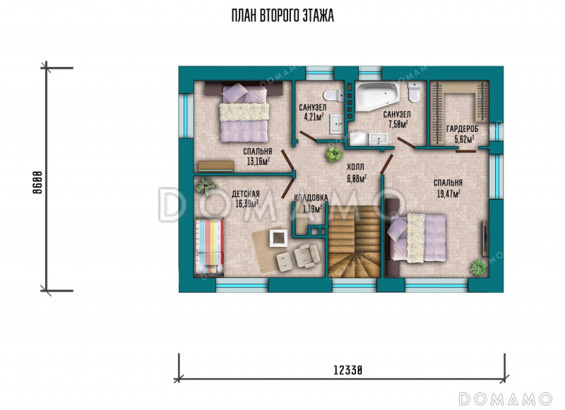 Проект двухэтажного дома с большой террасой / План 2 этажа