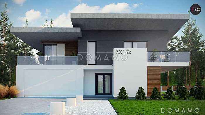 Проект просторного современного двухэтажного дома из кирпича с плоской крышей,  с четырьмя спальнями, гаражом и террасами на обоих этажах