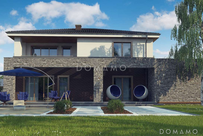 Проект просторного современного двухэтажного дома из кирпича с тремя спальнями, кабинетом, гаражом и сауной